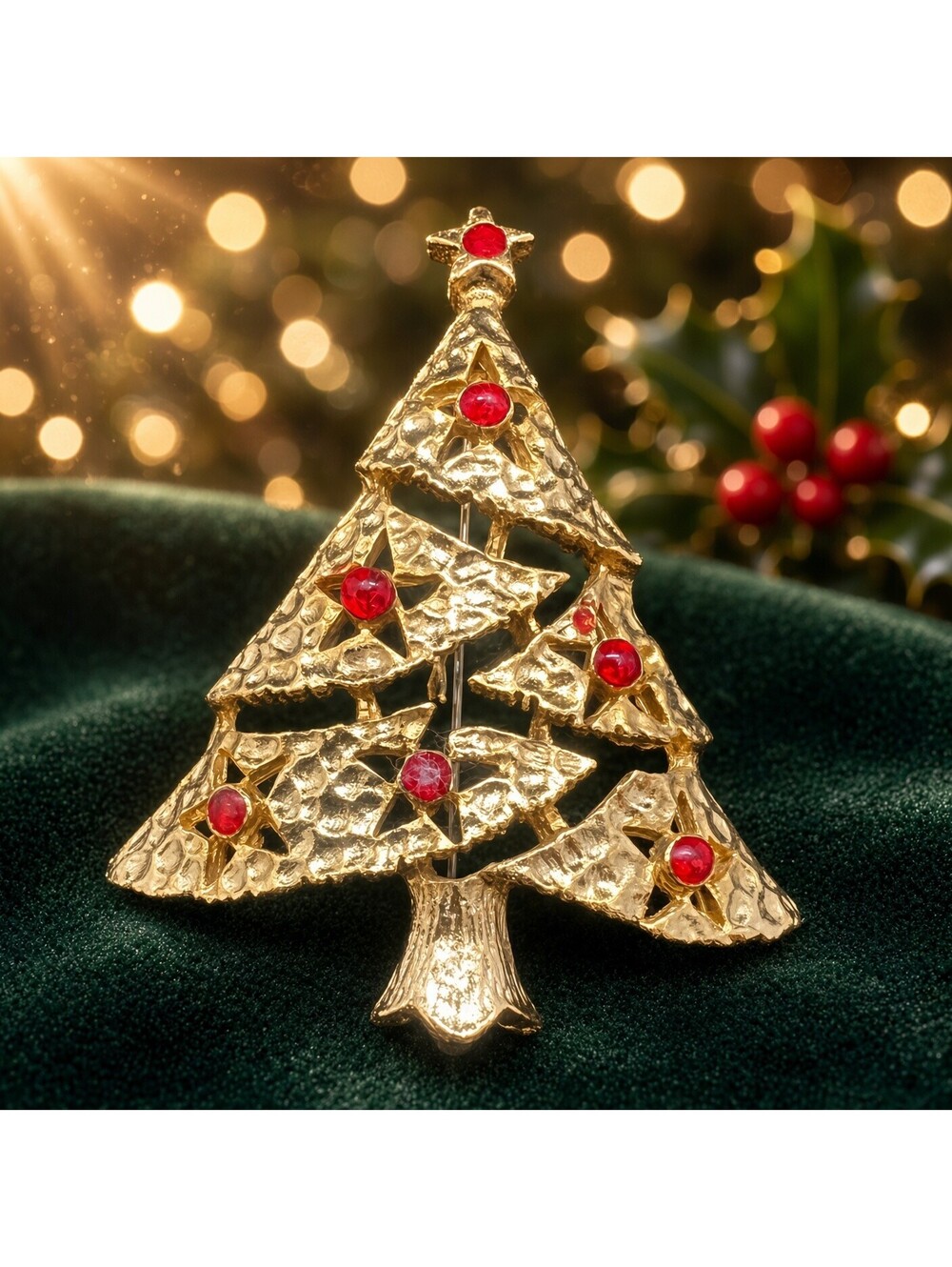 Vintage Gold Christmas Tree Brooch Openwork Holiday Pin Red Rhinestones